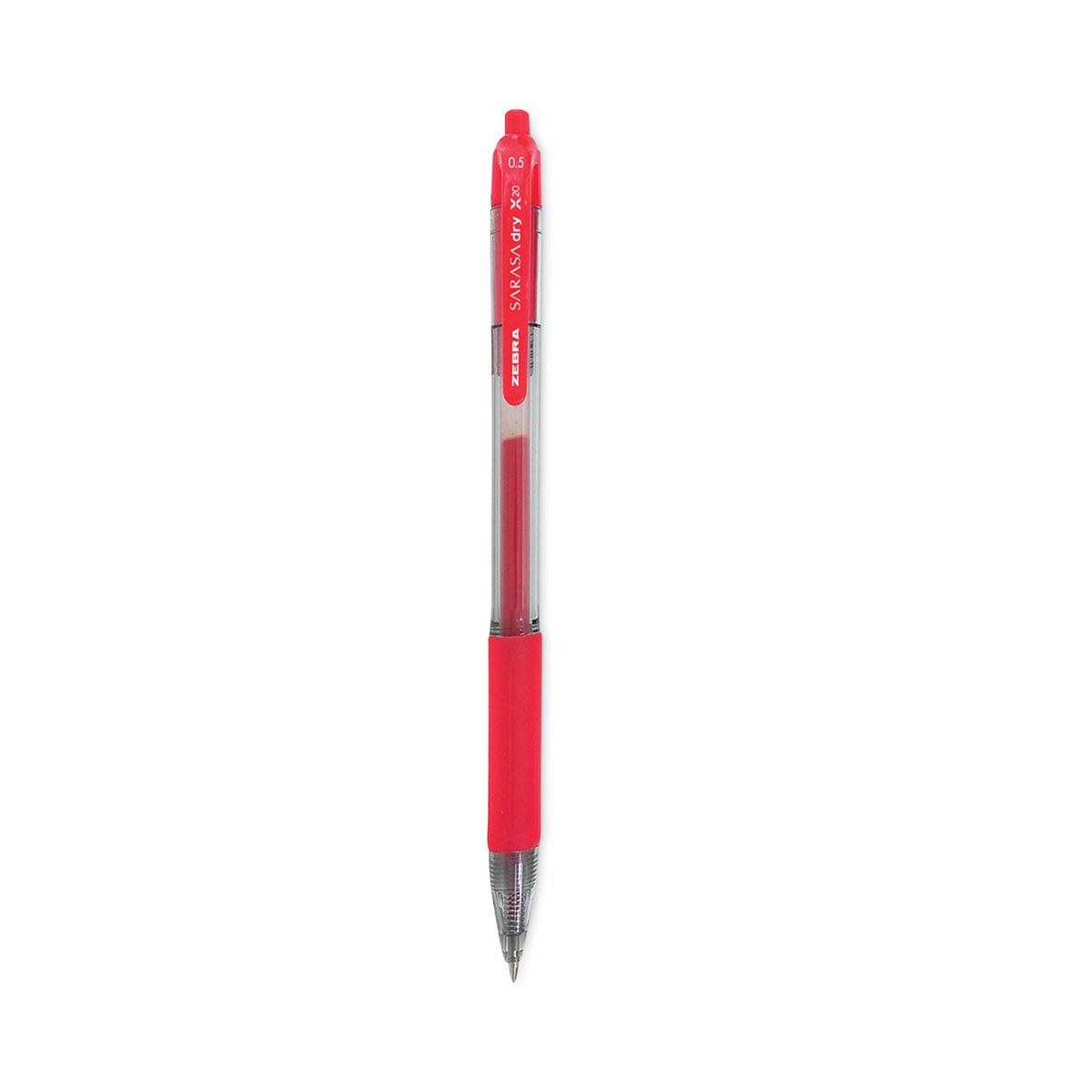 Zebra Sarasa Dry Gel X20 Gel Pen, Retractable, Fine 0.5 mm, Red Ink, Clear/Red Barrel, 12/Pack (46730)