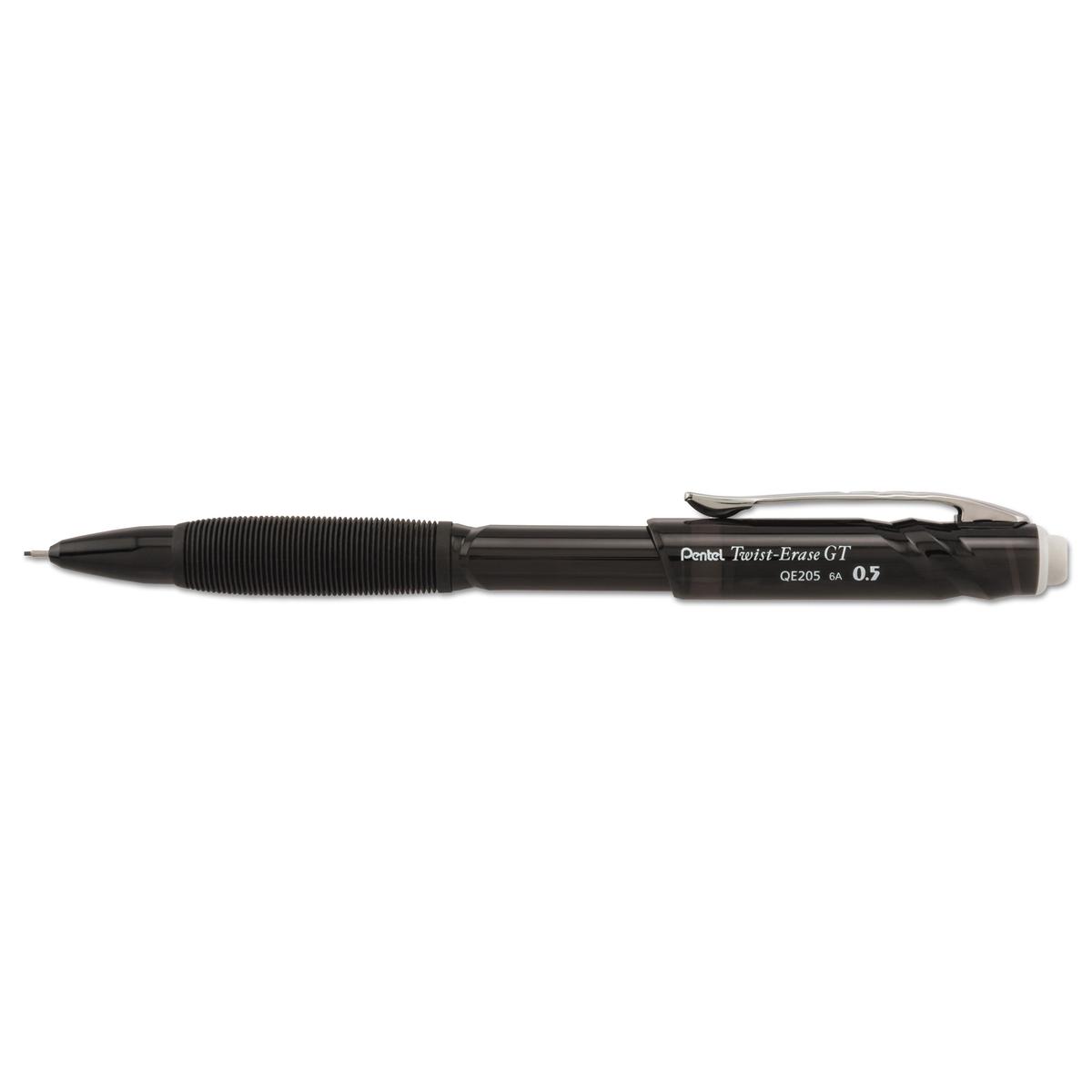Pentel Twist-Erase GT Pencils, 0.5 mm, HB (#2), Black Lead, Black Barrel (QE205A)