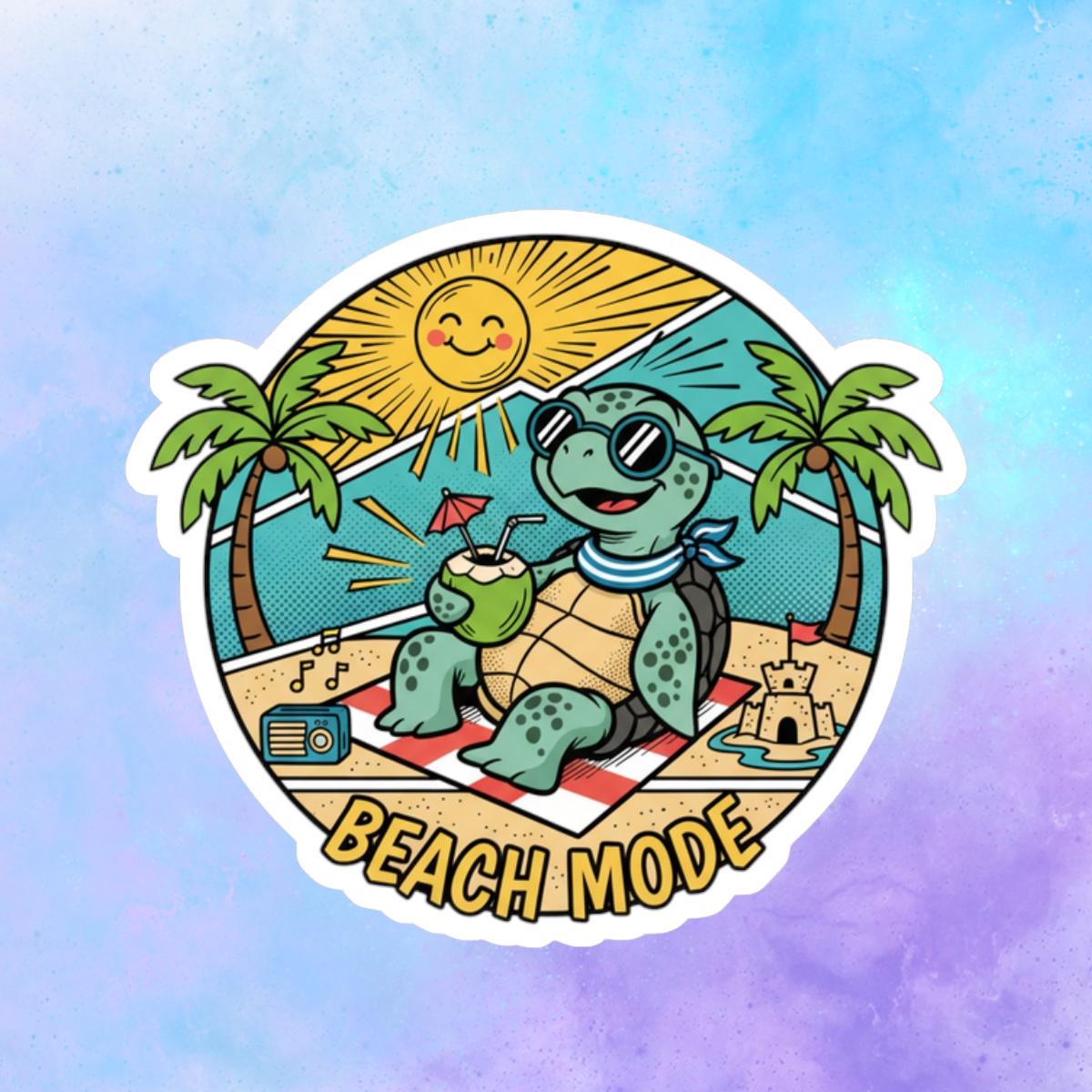 Beach Mode Turtle Sticker  Cute Summer Beach Vibes Kiss-Cut Sticker