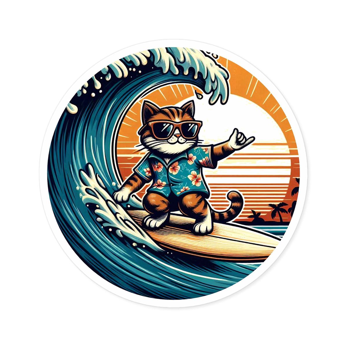Sticker - Surfer Cat (Round Sticker, IndoorOutdoor)