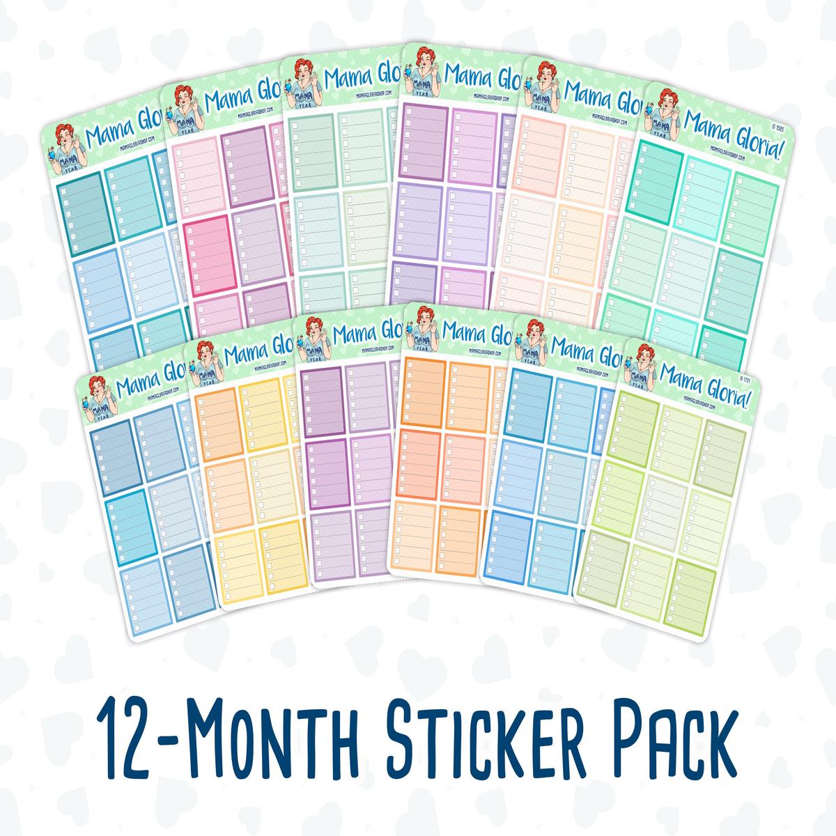 12-Month Functional Boxes- 2024 - Full Boxes-  For Planners - Sticker Pack
