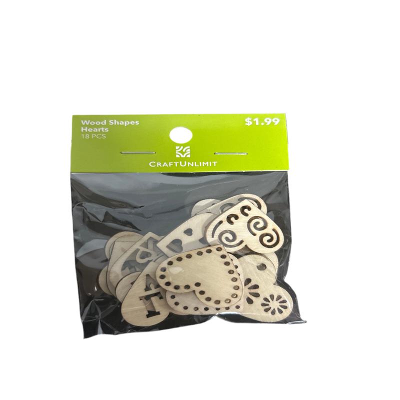 WOOD SHAPES HEARTS 1IN 18 PCS
