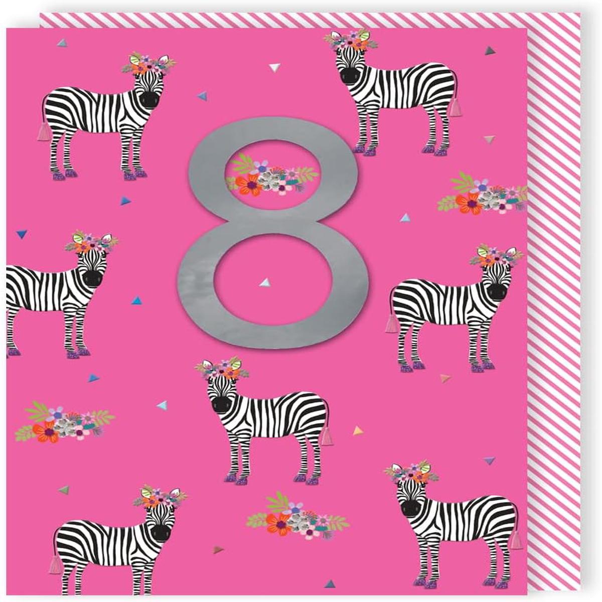 Zebra Embellished Girls 8th Birthday Card