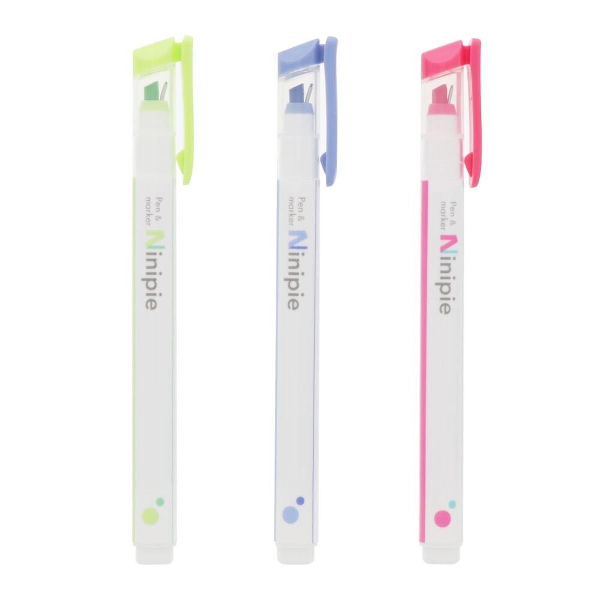 Sun-Star Ninipie 3 Colour Pack Pastel Highlighter & Fineliner Pen Set