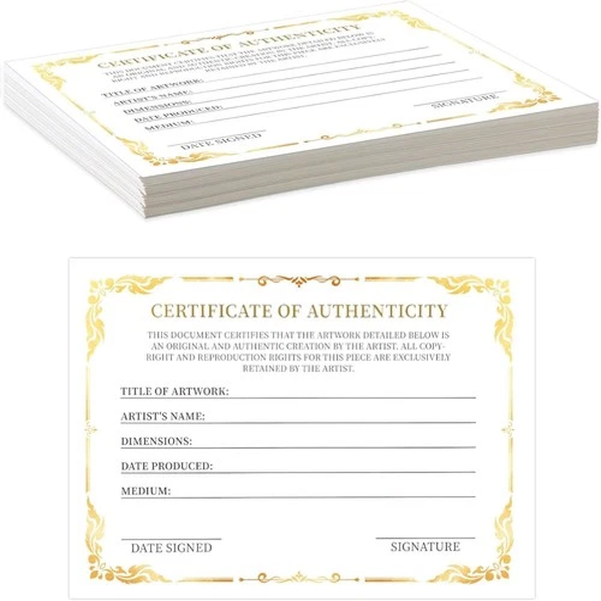 12 Pieces 5 x 7 Inch Certificate of Authenticity Gold Foil Premium Certificates