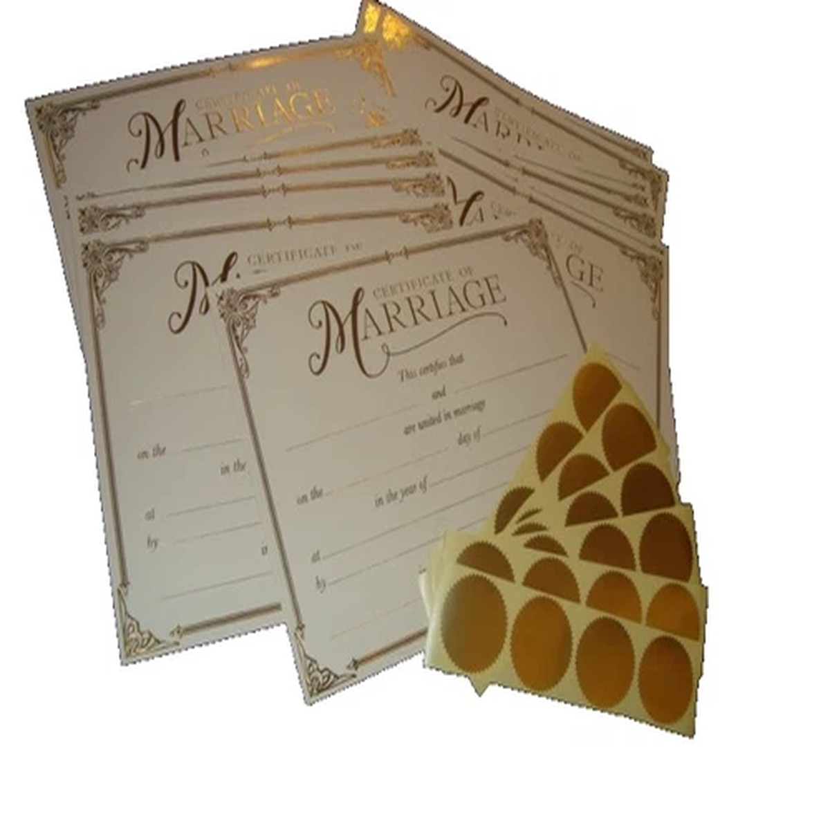 #20 Twenty DIY Blank Marriage Certificates Gold Foil Trim + #24 Gold Foil Seals