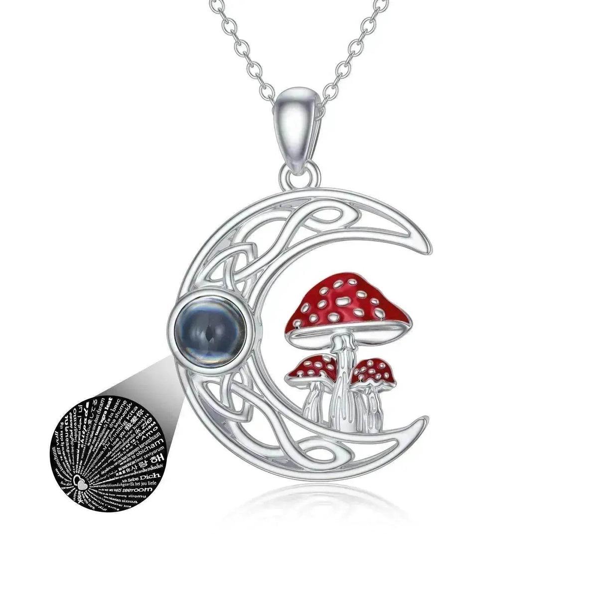 100 languages I Love You Projection Sterling Stone Mushroom Moon 925 Silver Necklace