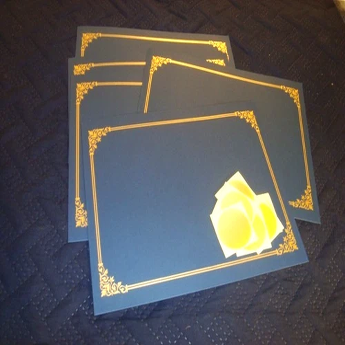 #5 Five BLUE Certificate Cover Holder w/Gold Trim + #6 Six Gold Foil Seals