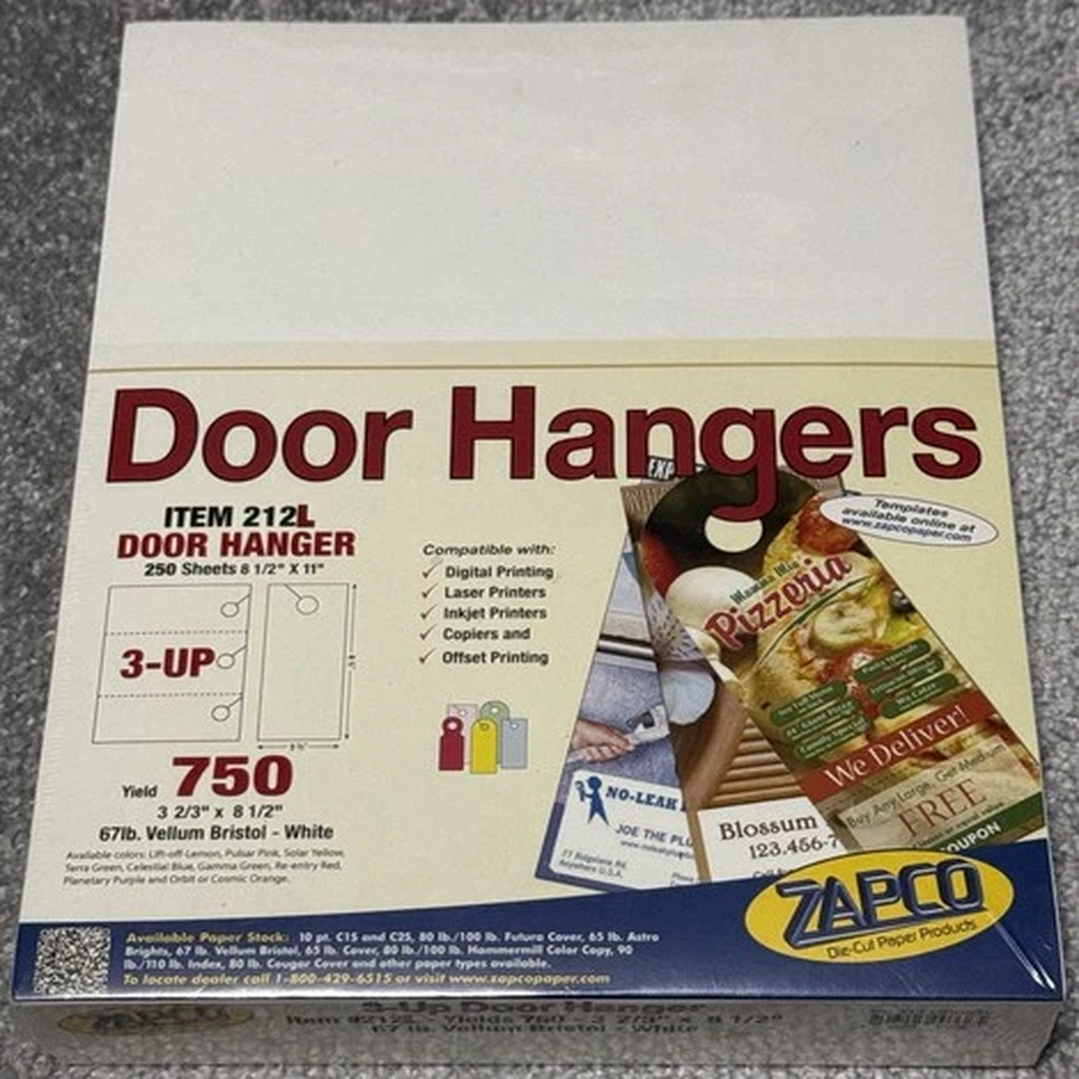 Zapco 3-Up Door Hanger 250 Sheets 67lb Vellum Bristol White #212L Yield 750