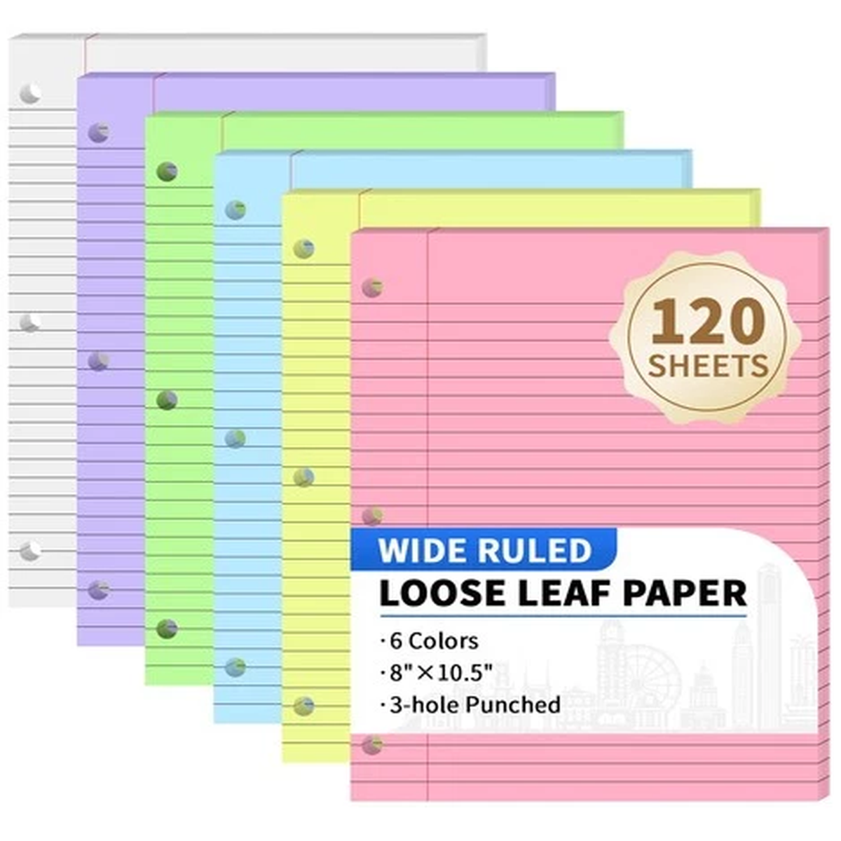 120 Sheets Loose Leaf Binder Paper, 6-Color Wide Ruled Lined Paper, 8 x 10.5,